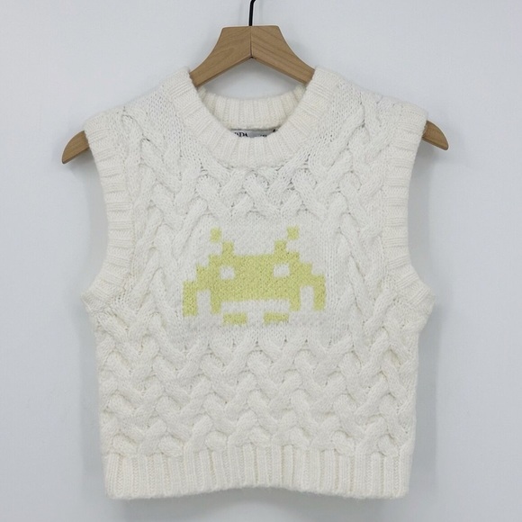Zara Jacquard Vest Size M Women Space Invaders Sleeveless Cropped Ribbed Knit - Picture 3 of 9